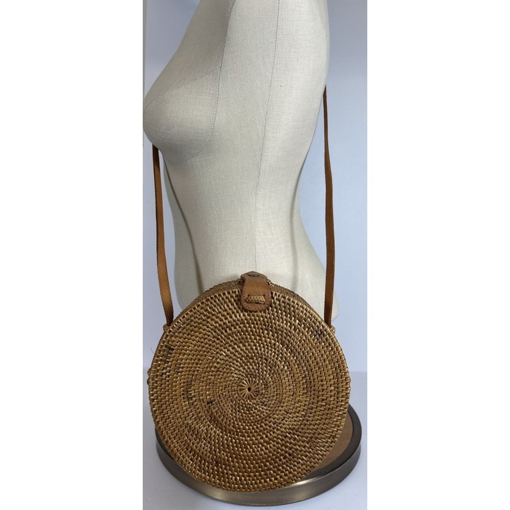 Ata Grass Wicker Rattan Leather Round Saddle Brown Tan Boho Crossbody Handbag
